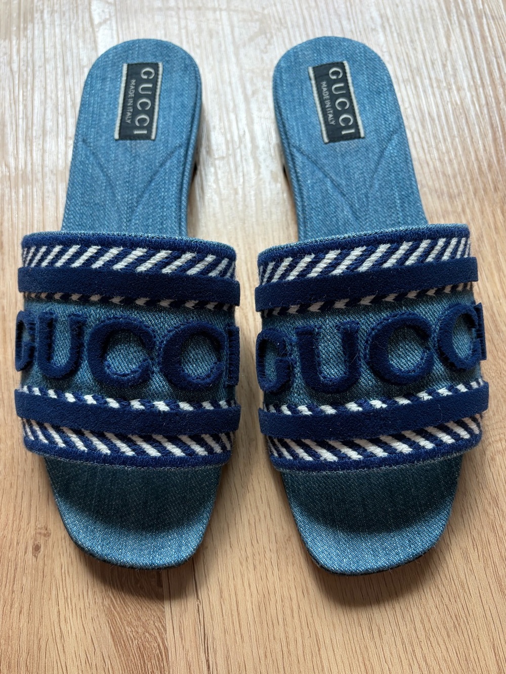 Gucci Blue Denim Logo Slide Sandals